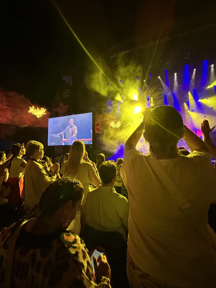 The crowd with hands up, stage lights and screens glowing yellow behind them