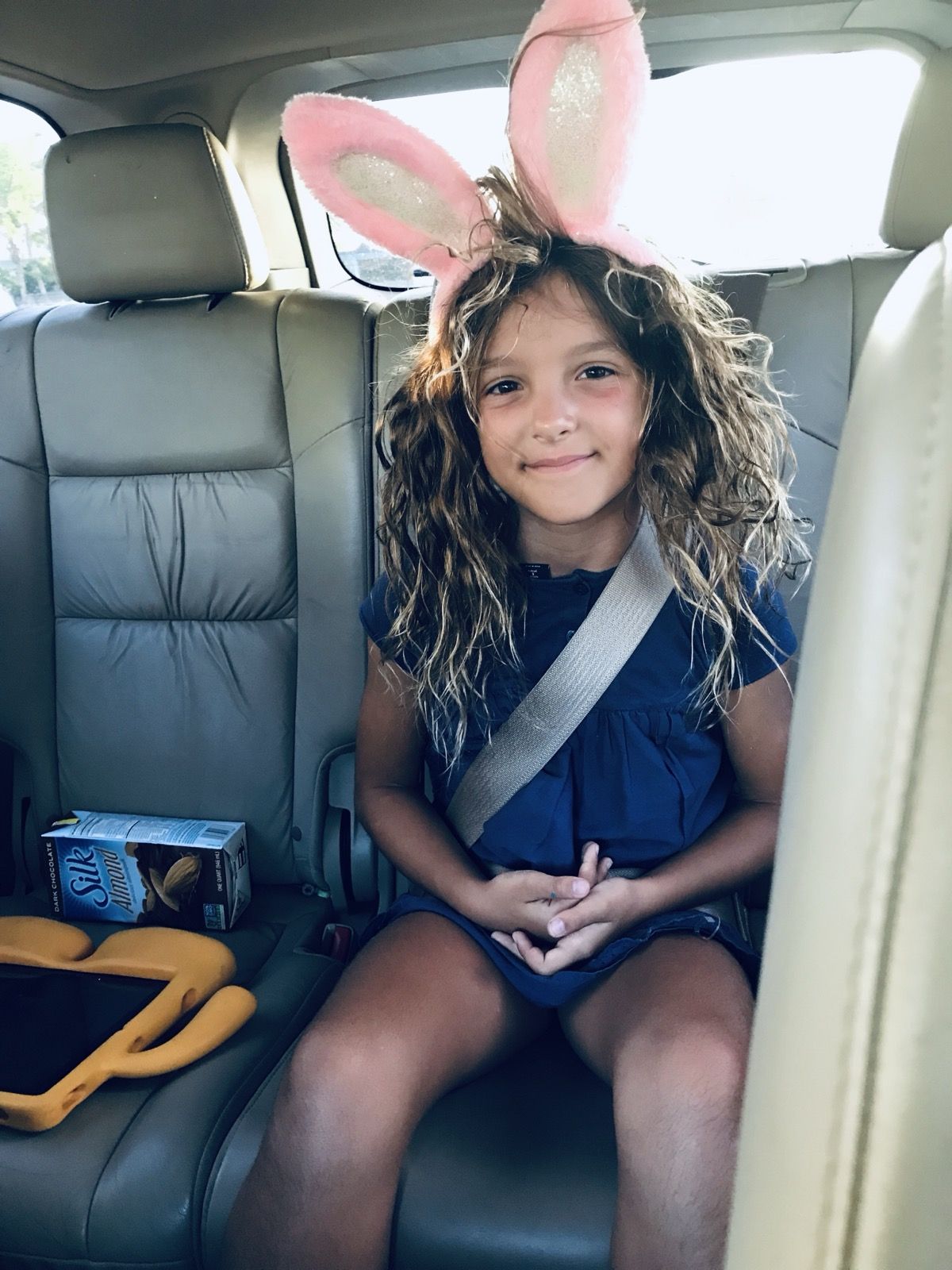 Ruby in the back seat wearing bunny ears