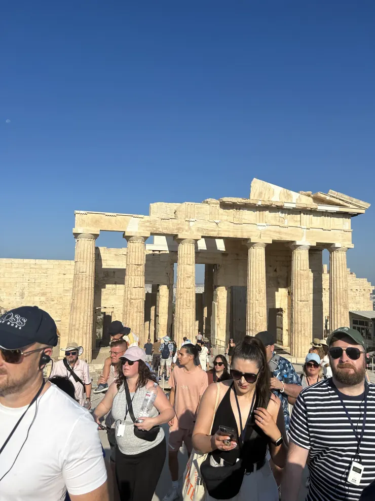 Crowds of tourists in front of the Propylaea gateway at the Acropolis