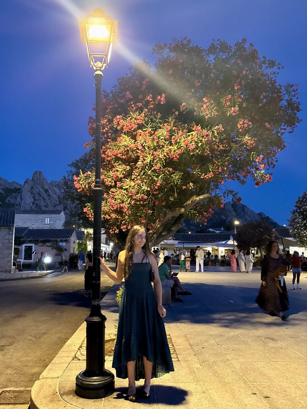 Ruby under a lamppost at blue hour