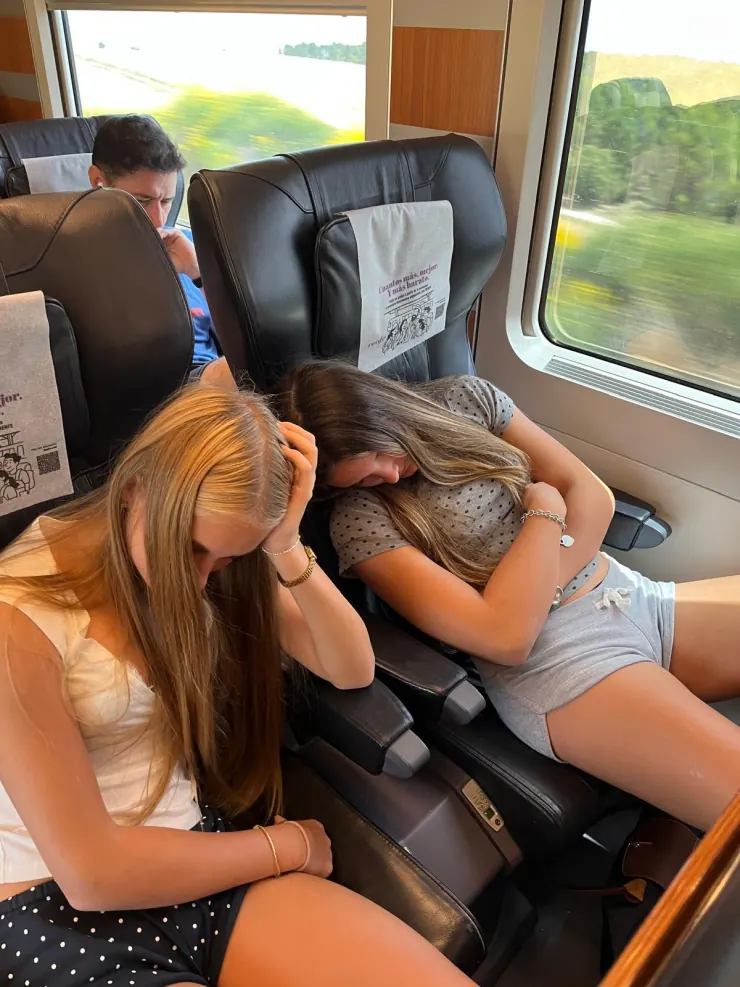 Two friends asleep against each other on a train